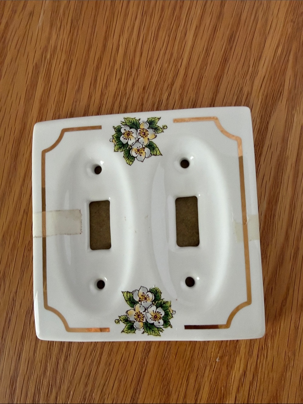 Vintage Porcelain Double Toggle Wall Switch Cover with Floral Gold Trim